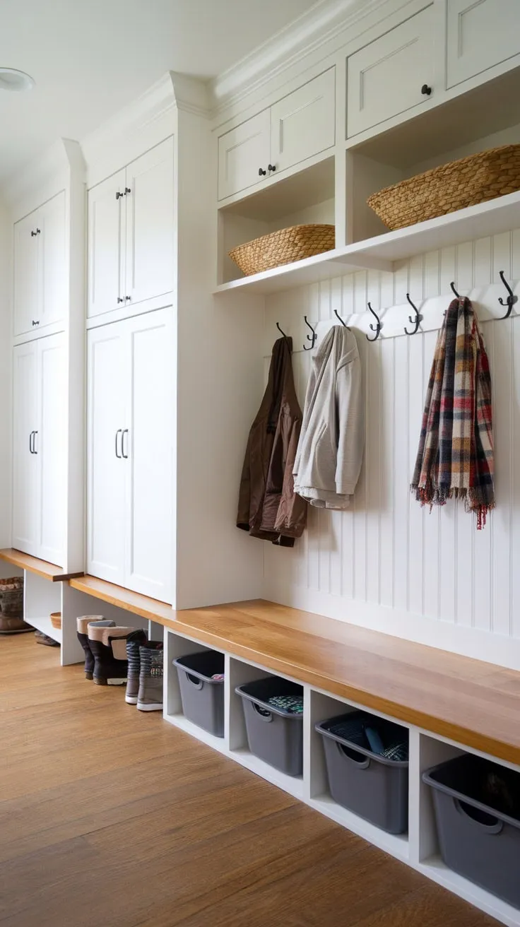 A functional mudroom boasts built-in storage including a bench, cubbies, and wall hooks, all atop a warm wood floor.