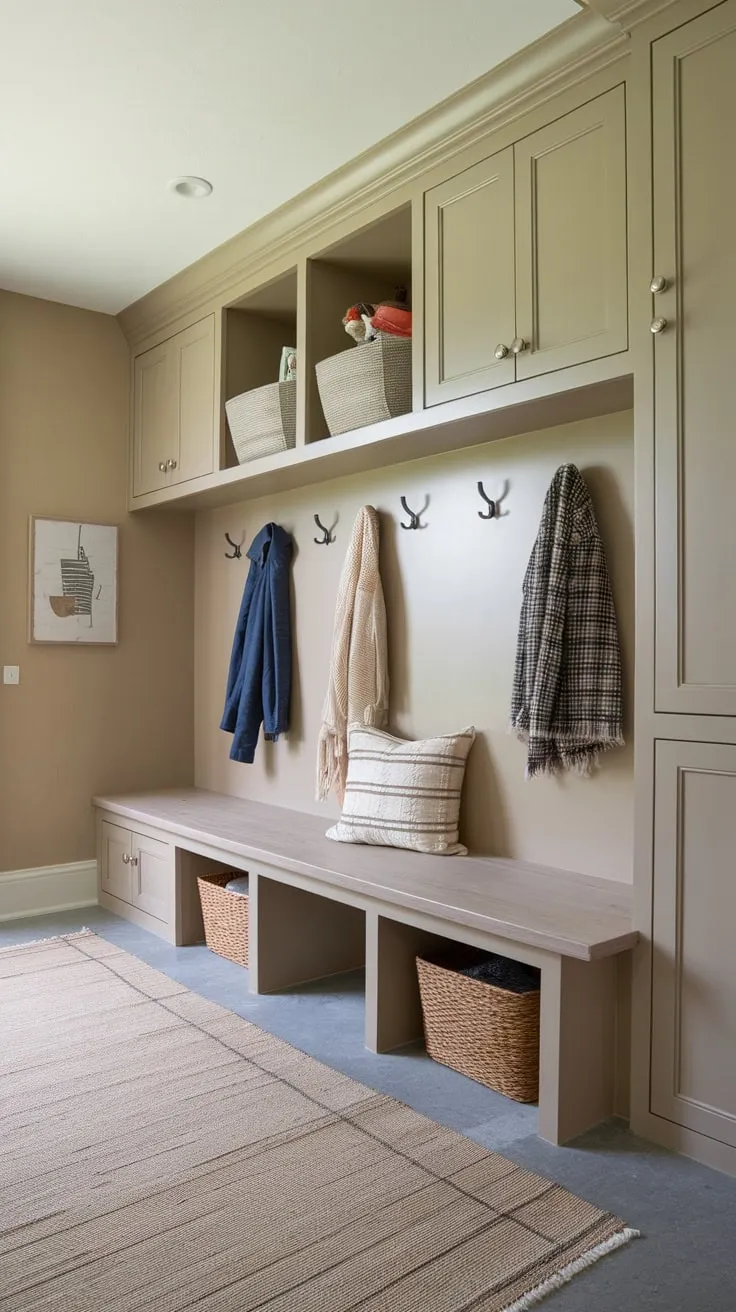 Beige-walled mudroom boasts bench seating, ample cubbies, and coat hooks for organized family entryway storage
