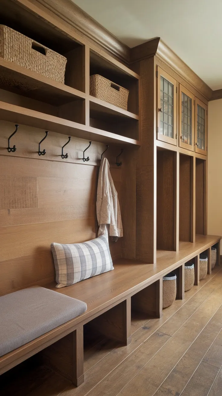 Organized rustic charm defines this mudroom, featuring a cushioned bench, cubbies, and wall hooks within a warm wood-toned space.