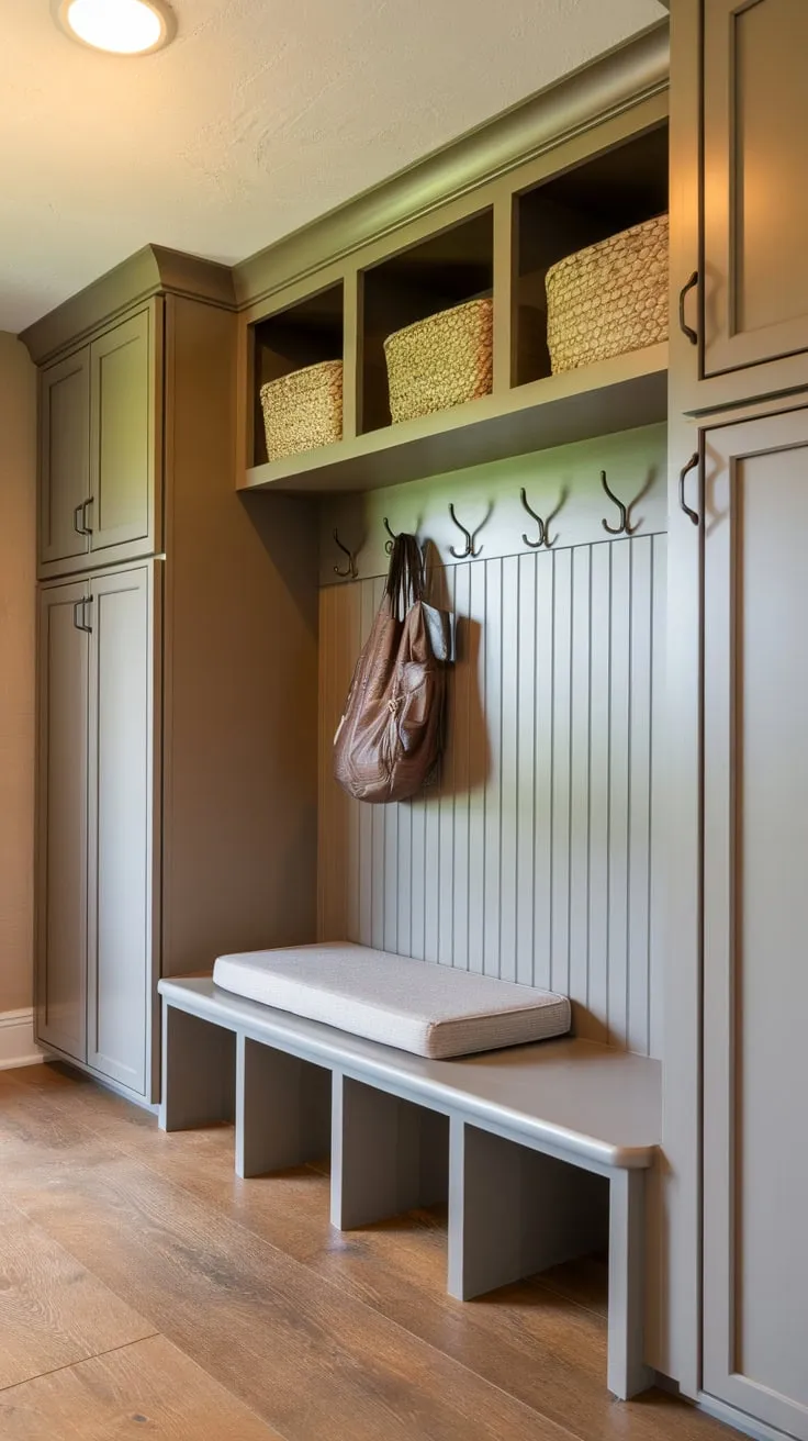 A warm, functional mudroom boasts built-in storage solutions including cabinets, cubbies, and a bench, keeping entryway clutter at bay.