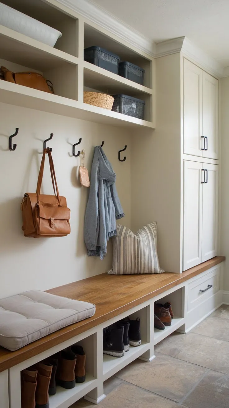 Organized mudroom bliss with a cushioned bench, coat hooks, shoe cabinets, and tile flooring