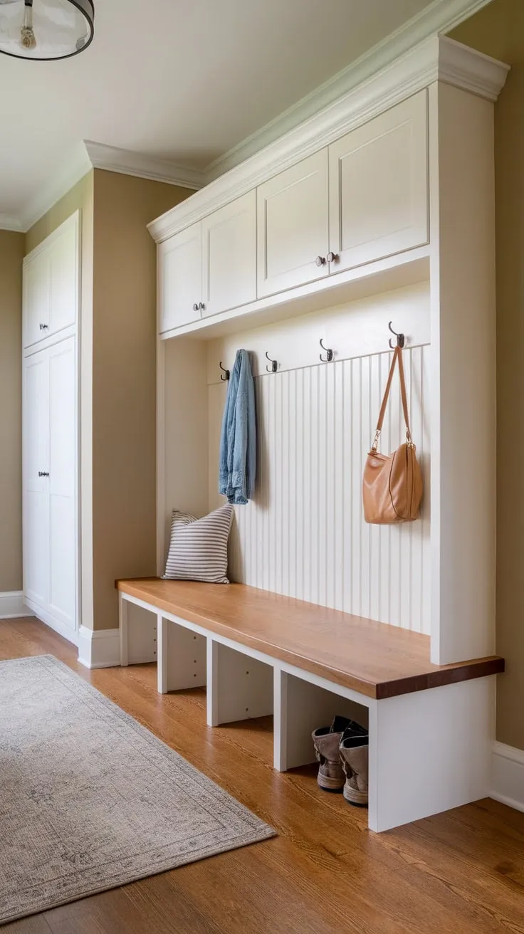 White cubbies and a comfy bench define this functional mudroom, offering streamlined storage and a welcoming atmosphere.