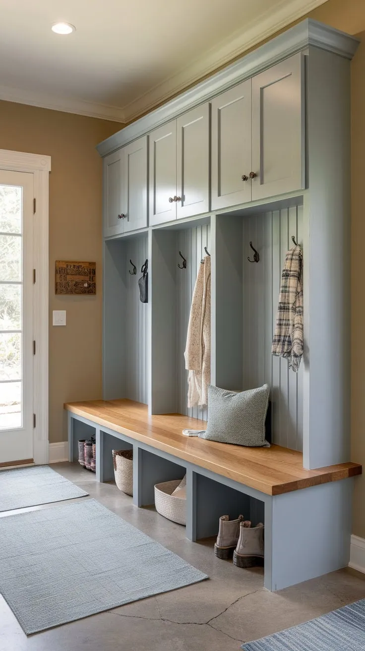 Organized chaos meets charming design in this mudroom featuring practical cubbies, a storage bench, and stylish cabinets.