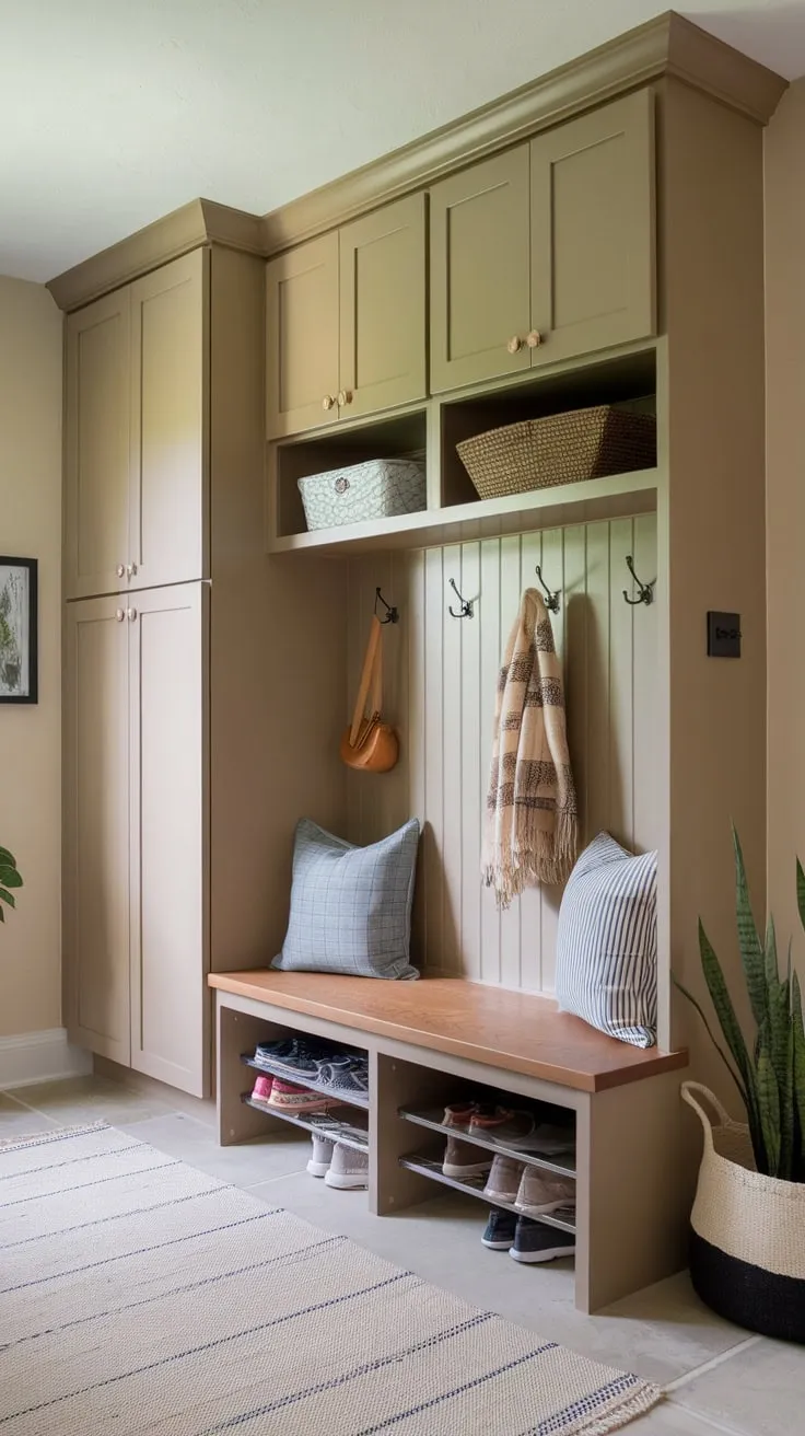 Organized beige mudroom boasts a bench with storage drawers, overhead cabinets, and cubbies for ultimate family entryway efficiency
