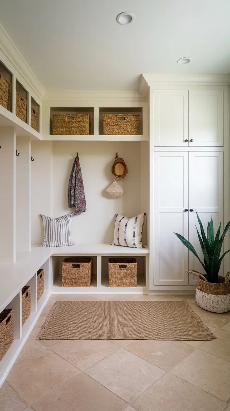 Organized chaos ends with this mudroom's stylish white cubbies and bench providing plentiful storage.