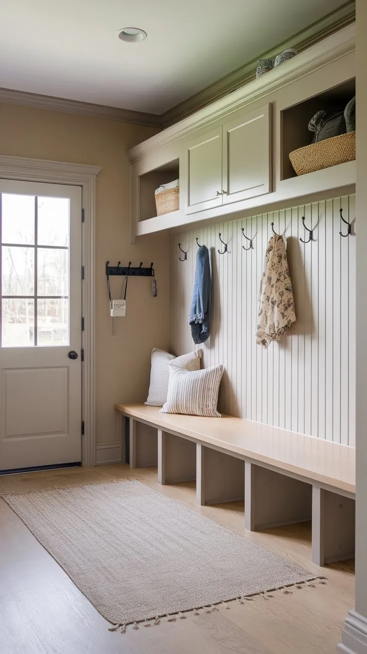 Organized chaos meets rustic charm in this mudroom featuring a bench with cubbies and ample storage solutions.