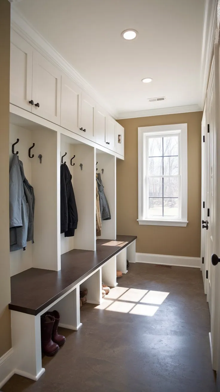 A bright mudroom boasts practical cubbies and storage solutions, creating an organized entryway.