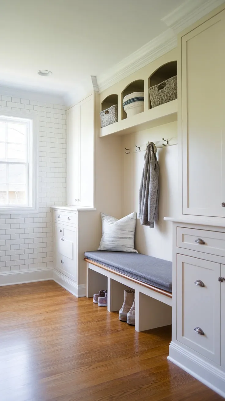Organized entryway perfection awaits with a mudroom featuring built-in cubbies, a storage bench, and a coat rack in a clean, bright space.