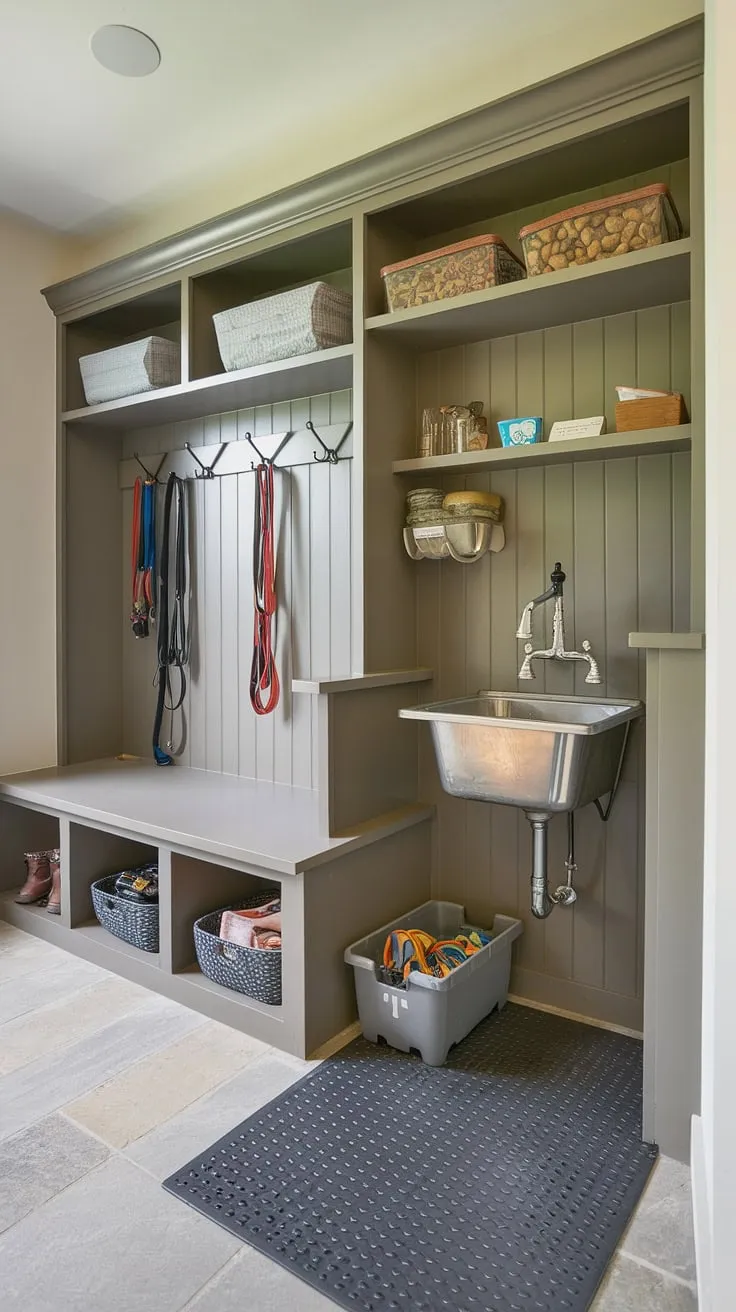 Beyond the mudroom, discover a haven for your canine companion. This dog room design boasts a convenient dog washing station, ensuring clean pups without the mess.  The integrated storage and flexible space ideas, including a bench and leash hooks, maximize this area's functionality.  A perfect blend of practicality and style for your furry friend.