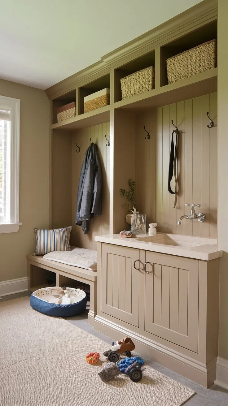 This mudroom dog room is the ultimate in dog-friendly design.  The built-in dog washing station makes bath time a breeze, while the thoughtful storage and cozy dog bed create a dedicated space for our furry friend.  Clever use of space transforms this laundry room into a multi-functional area, showcasing flexible space ideas for pet owners.