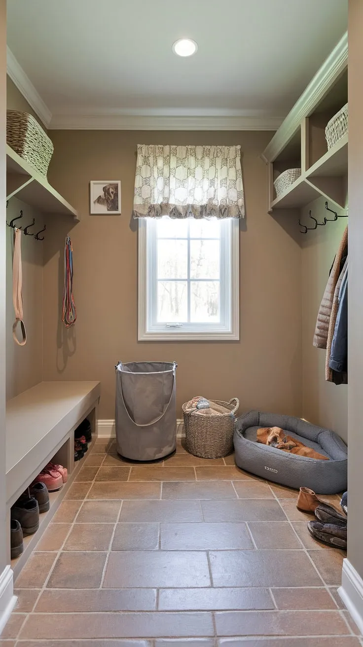 This mudroom dog room is the ultimate in dog-friendly design.  The dedicated dog washing station, complete with laundry hamper nearby, makes bath time a breeze.  Clever storage solutions for leashes, treats, and toys maximize space, while the cozy dog bed provides a relaxing retreat. This flexible space idea seamlessly blends practicality and pampering for your furry friend.