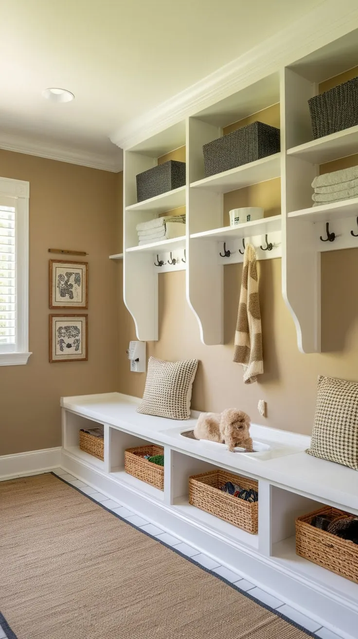 A versatile mudroom features a dedicated dog room complete with a washing station, laundry, and bright, welcoming design.