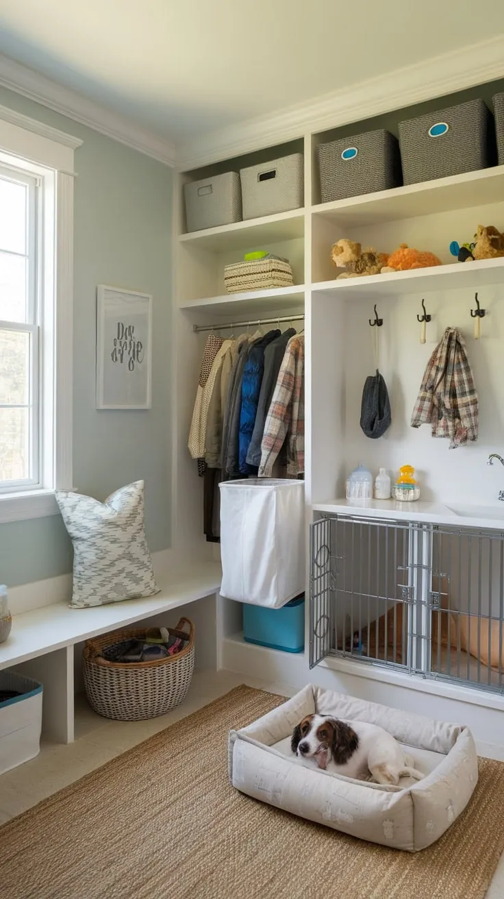 A calming light blue mudroom/dog room features a dog washing station, comfy dog bed, and convenient storage for both humans and pets