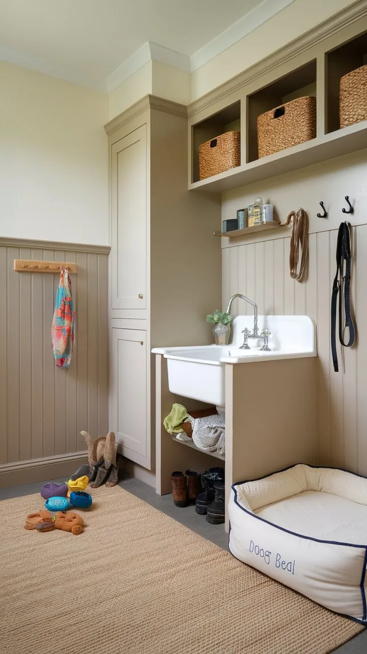A pristine mudroom seamlessly integrates a dog washing station, stylish storage, and cozy canine comforts.