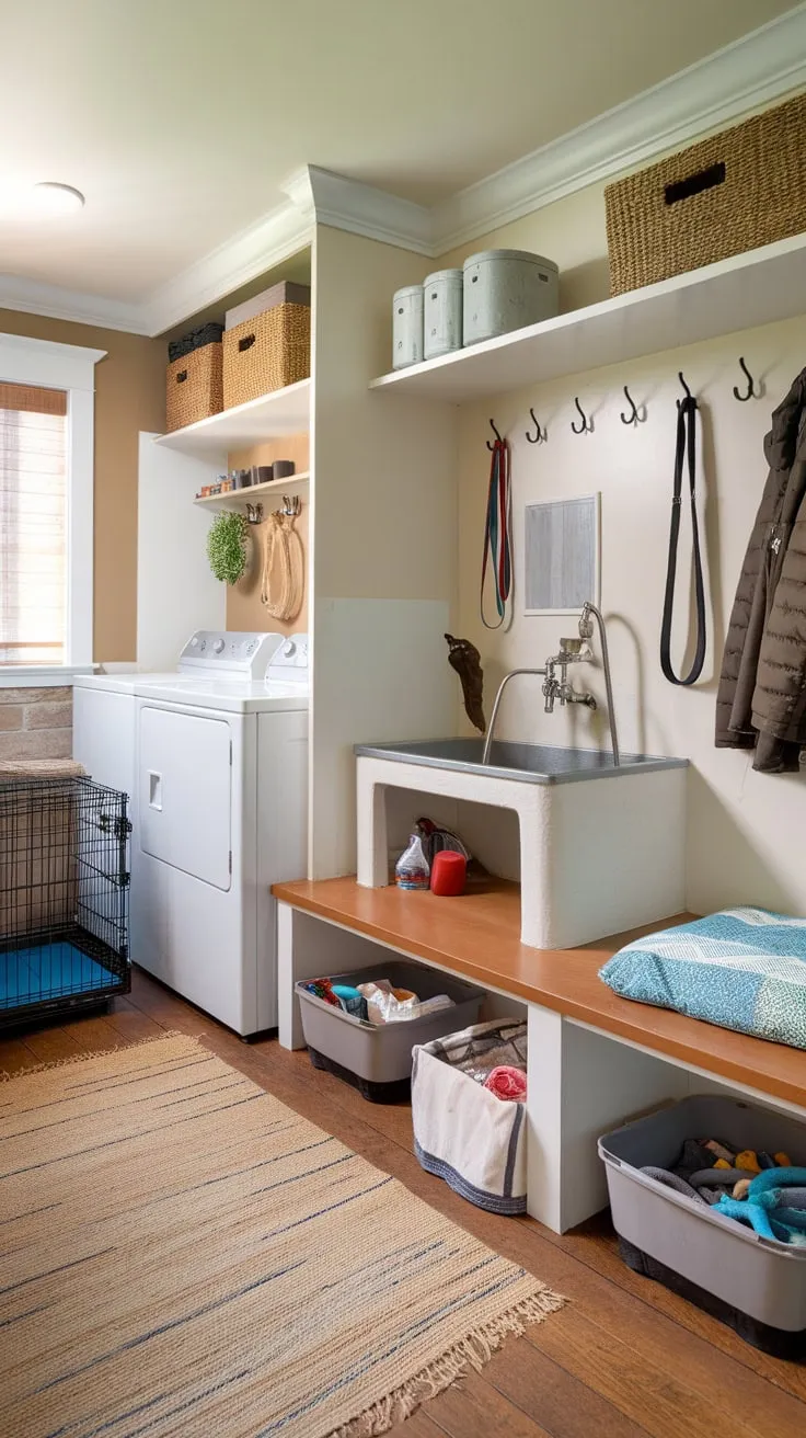 This mudroom's dog-washing station, laundry area, and ample pet supply storage create the ultimate pet-owner haven.