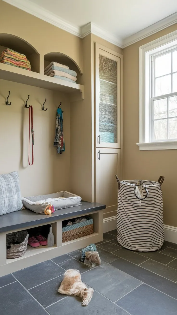 This mudroom's practical design incorporates a dedicated dog zone featuring a washing station, bed, and toys, all within easy reach.