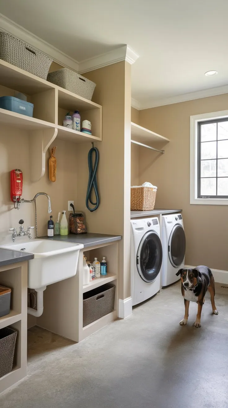 Beige walls and a window brighten this functional dog-friendly mudroom and laundry combo.