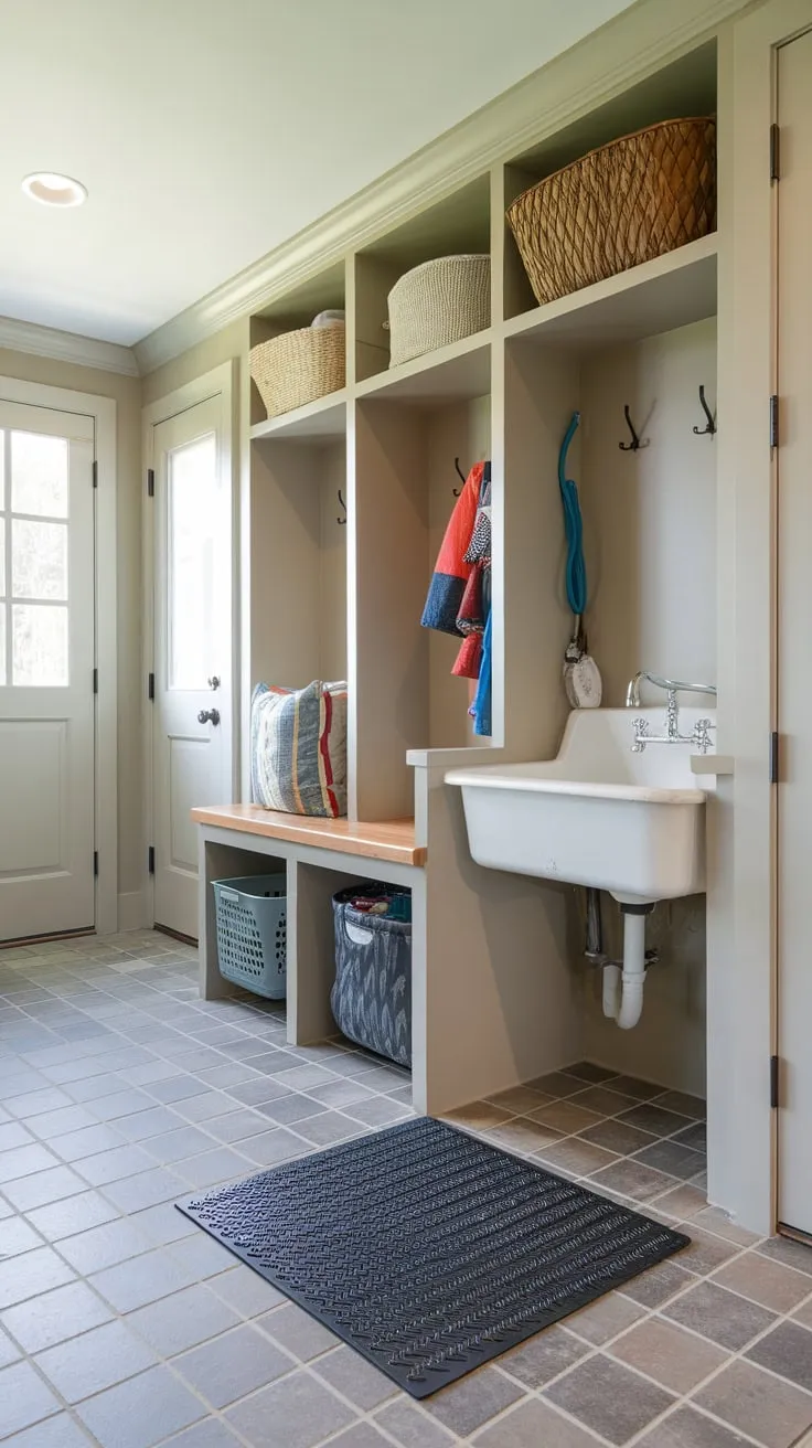 This mudroom's clever design includes a dog-specific area with a washing station, storage, and durable flooring, making pet care and cleanup a breeze.