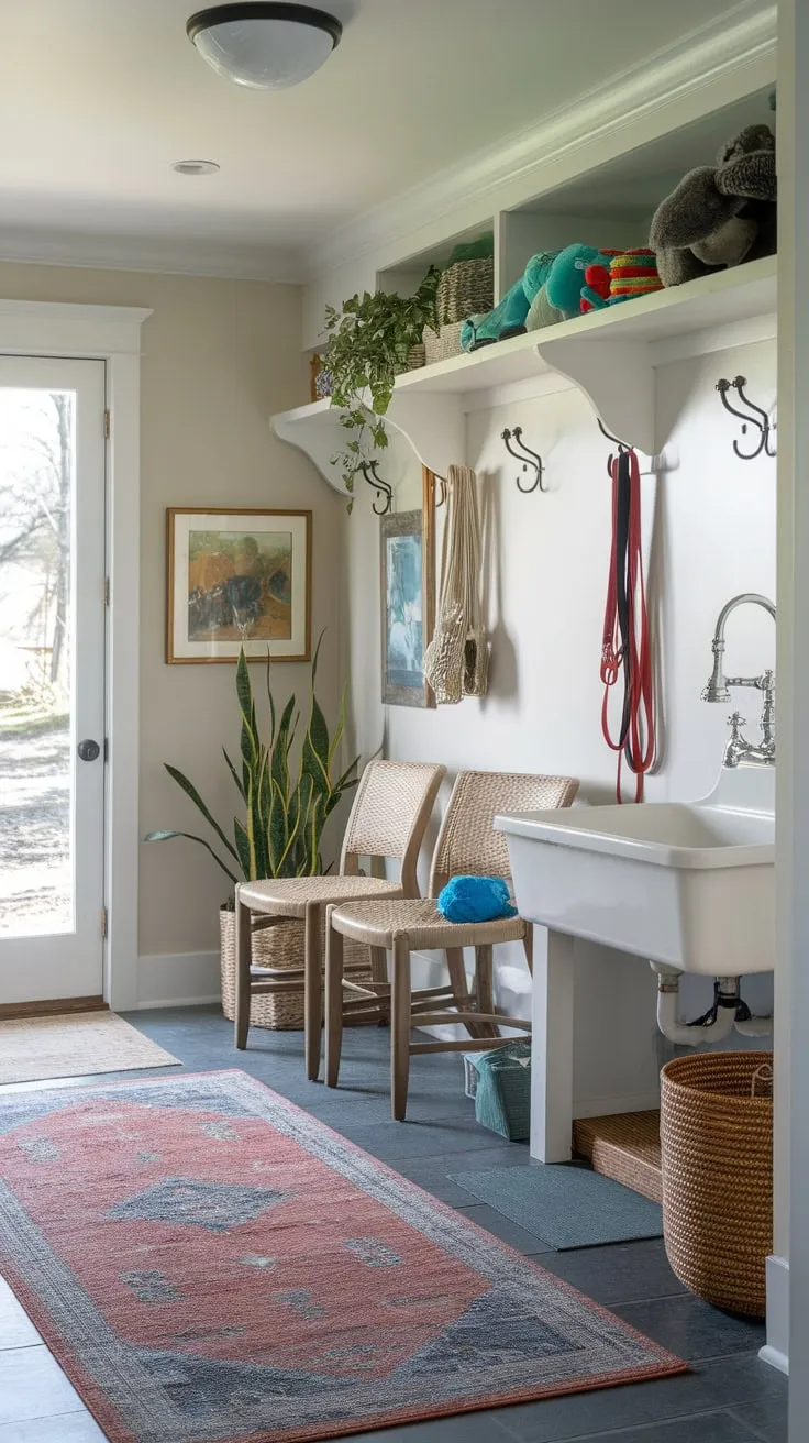 This mudroom's integrated dog room provides a complete pet care center with washing station, toy storage, and direct outdoor access, enhancing both practicality and home aesthetics.