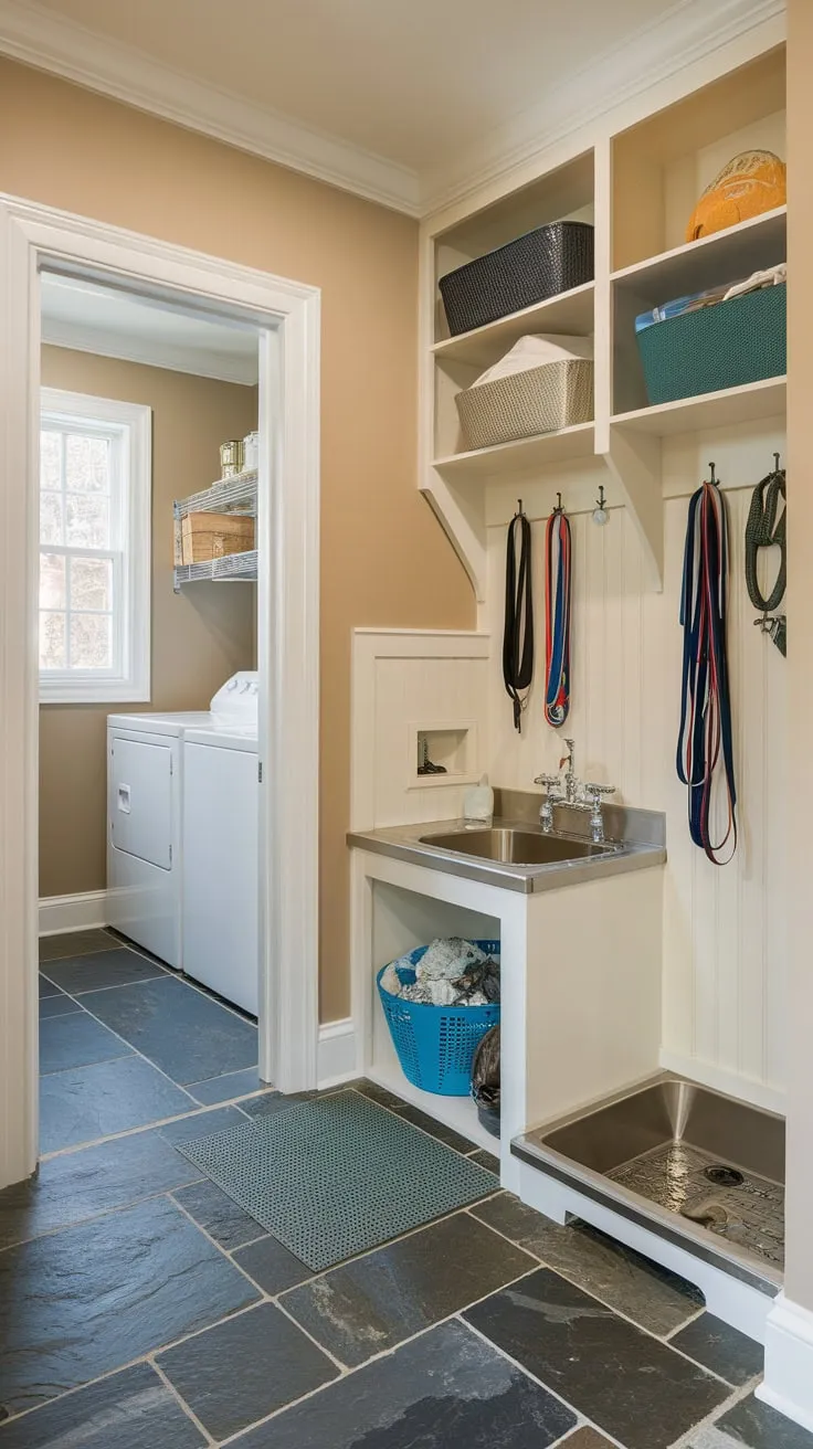 The well-lit mudroom features a dog-washing station, leash storage, and laundry facilities, all within a stylish and functional space.