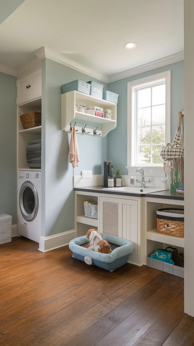 Sunlight streams into a functional mudroom designed for both family and furry friends, complete with a dog washing station and ample storage.