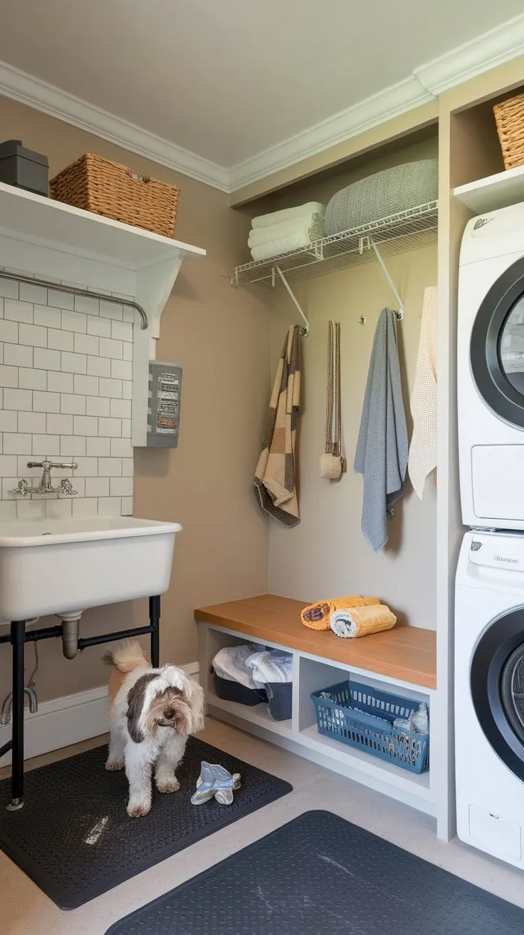 A durable mudroom cleverly combines pet washing facilities, laundry, and smart storage solutions.