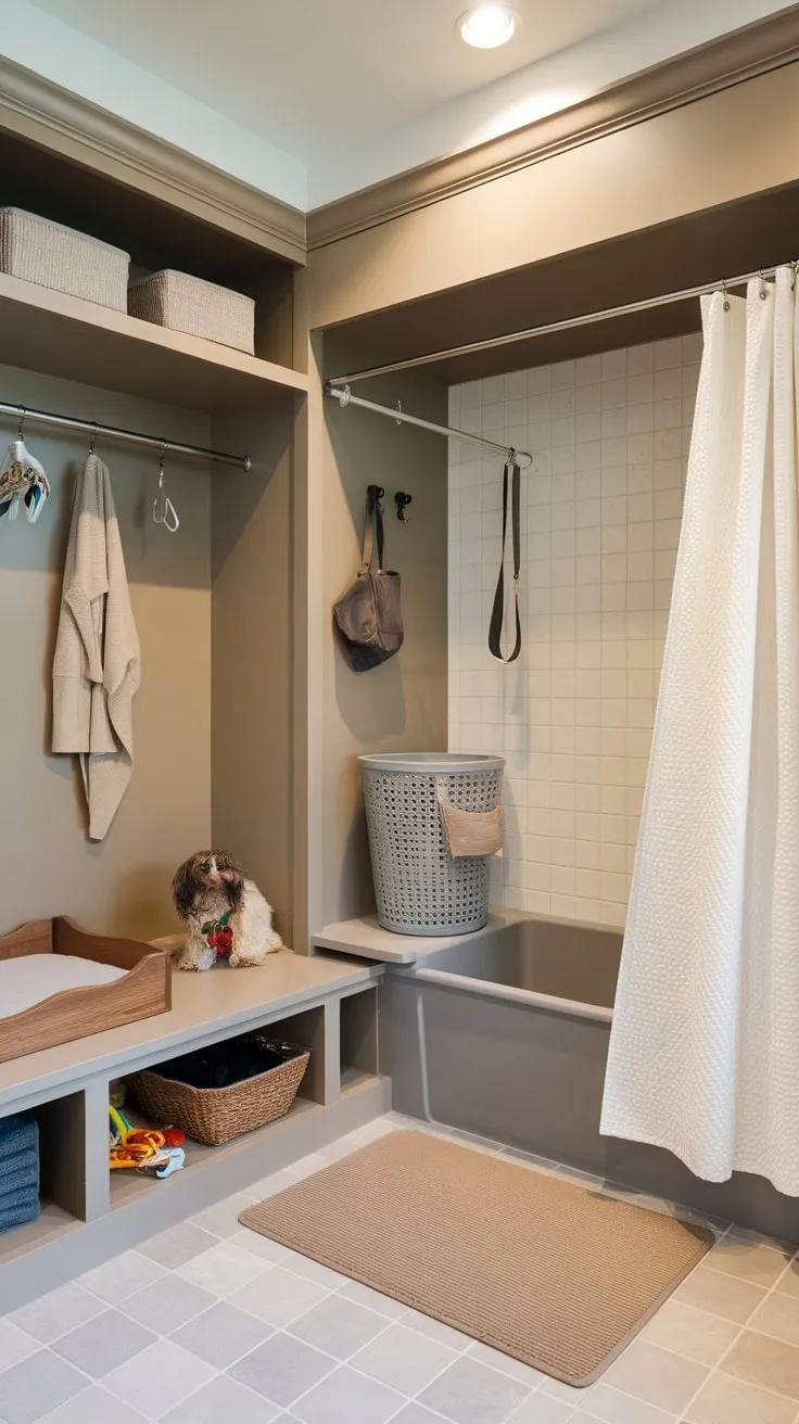 A stylish beige and grey mudroom seamlessly integrates a dog washing station, storage, and a cozy dog bed for ultimate pet-owner convenience