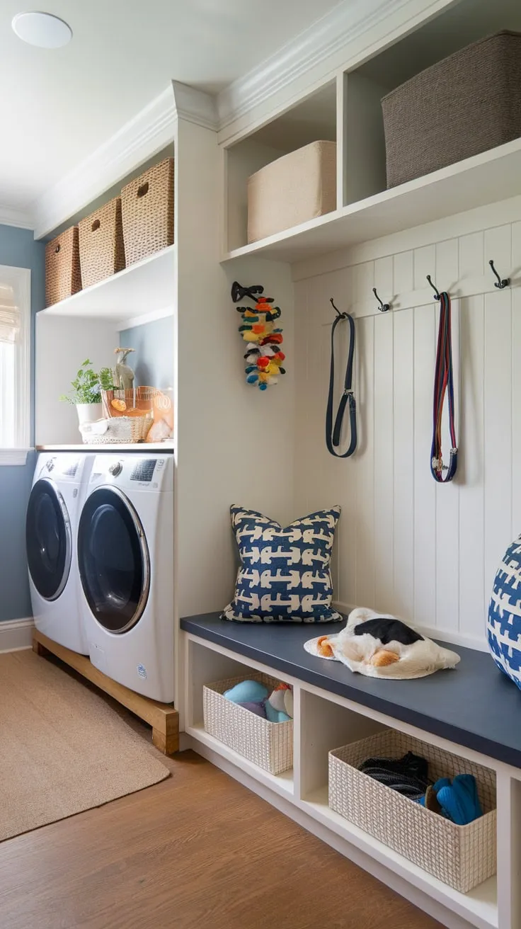 A functional mudroom seamlessly integrates a dog washing station, laundry, and ample storage for both humans and pets in a stylish wood-floored space