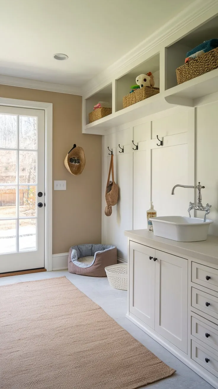 Beige walls and a cozy rug create a welcoming space for both humans and their furry friends, complete with a convenient outdoor access.