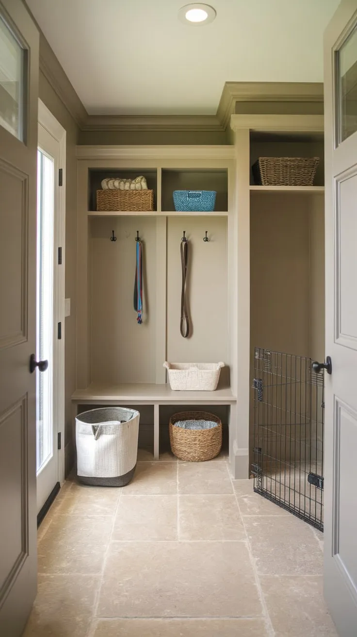 A beige-tiled mudroom seamlessly integrates dog-washing facilities, storage, and a cozy crate for a pet-friendly haven