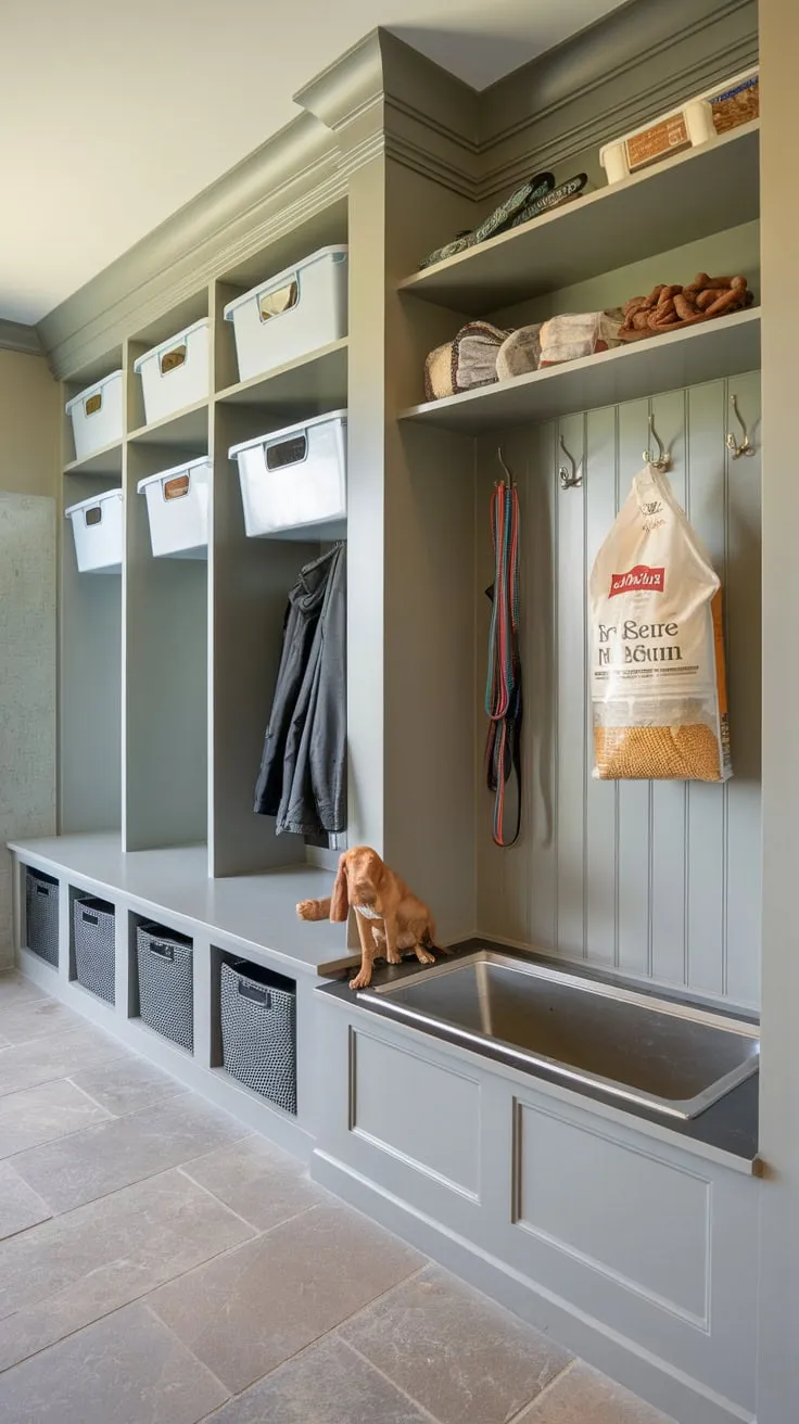 This mudroom's dog-friendly design features a washing station, ample pet supply storage, and a multi-functional area for both humans and canines.