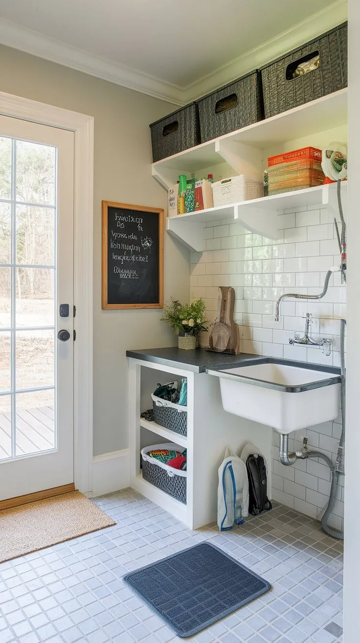 This isn't your average laundry room; it's a dog room design dream!  This mudroom dog room boasts a custom dog washing station complete with sink and hose, making bath time a breeze.  The thoughtful design incorporates ample storage and a chalkboard for notes, showcasing brilliant flexible space ideas.  The result?  A dedicated and stylish dog spaces that's both practical and aesthetically pleasing.