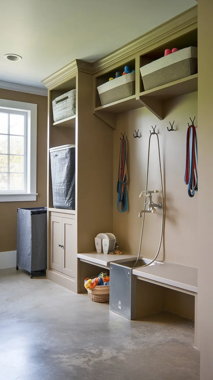 This mudroom dog room is the ultimate in dog-friendly design.  The built-in dog washing station makes bath time a breeze, while the flexible space allows for easy customization with additional storage or a cozy dog bed.  Clever use of space transforms a simple laundry room into a dedicated dog space, showcasing innovative dog room design.