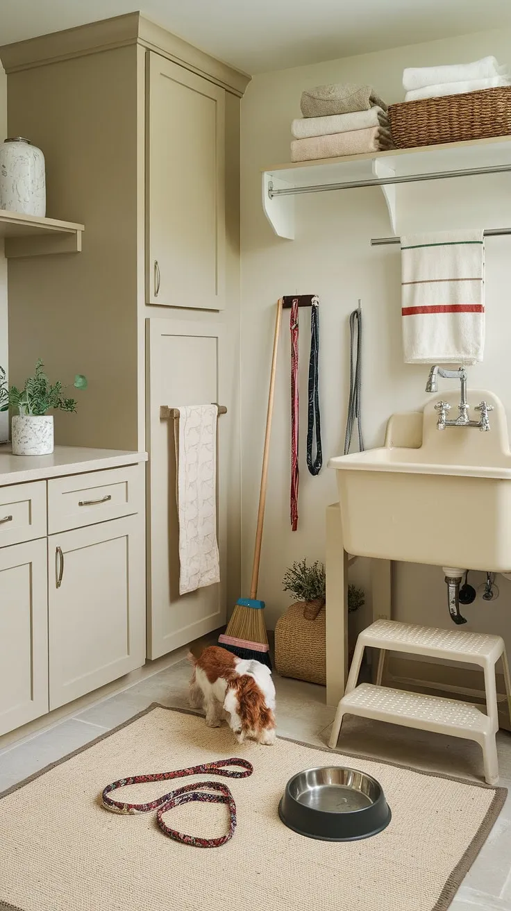 More than just a laundry room, this space cleverly combines practicality with pet pampering.  The thoughtfully designed dog washing station, integrated seamlessly into the existing cabinetry, elevates this mudroom into a dedicated dog room.  This dog room design is a testament to creative flexible space ideas, maximizing functionality and style in a shared area.  The addition of a dog bowl and leash storage completes this perfect dog spaces solution.