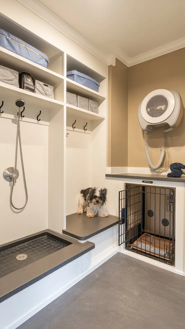 From mudroom to magnificent dog room! This clever dog room design repurposes a laundry room into the ultimate canine spa, complete with a built-in dog washing station, drying area, and comfy crate.  A perfect example of flexible space ideas for pet parents.