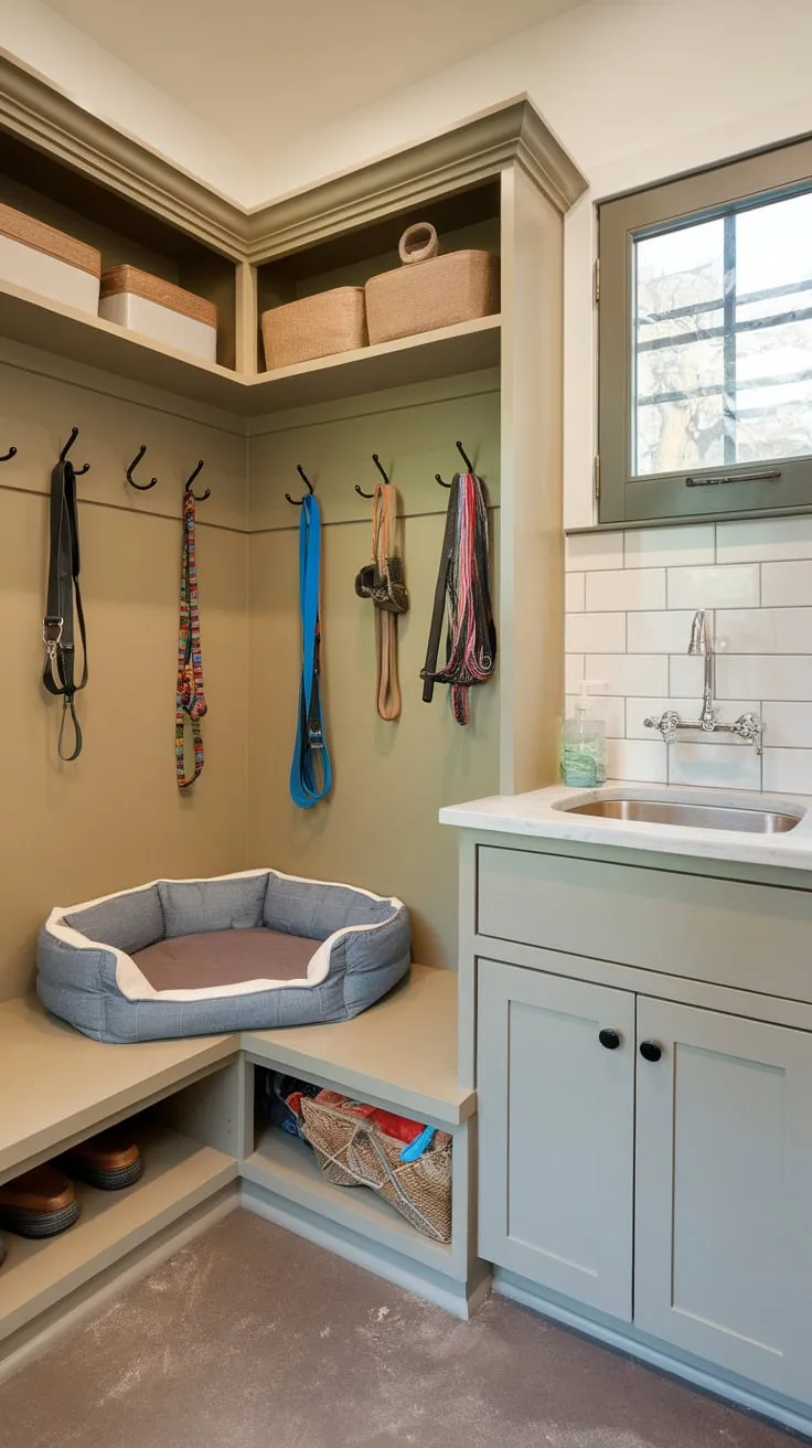Durable flooring and a custom sink make this dog room both stylish and easy to maintain.