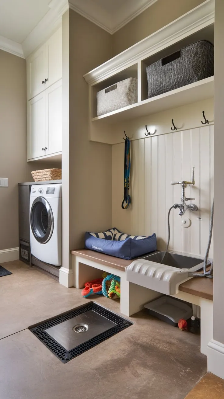 A practical mudroom seamlessly integrates a dedicated dog zone complete with washing station, bed, and storage, ensuring both family and furry friend are comfortably accommodated.