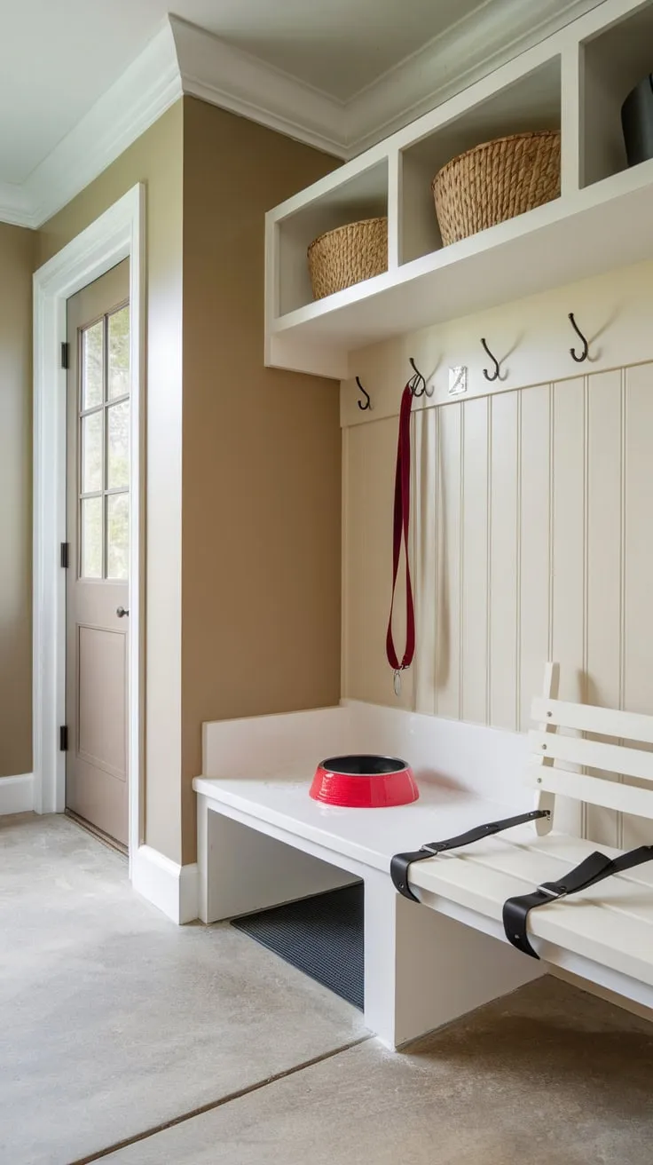 A beige-walled mudroom dog room features a white washing station complete with a red bowl and black leash, a white bench, and concrete flooring for easy cleanup after muddy adventures