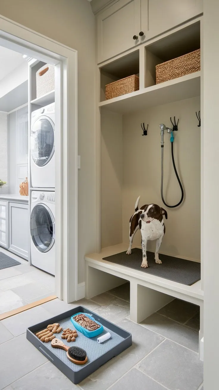 A dedicated dog room within a mudroom offers convenient washing, treat storage, and easy access for your furry friend