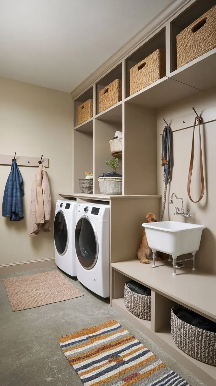 This dog-friendly mudroom boasts a dedicated washing station, laundry hookups, and convenient storage, all within a stylish and functional space.