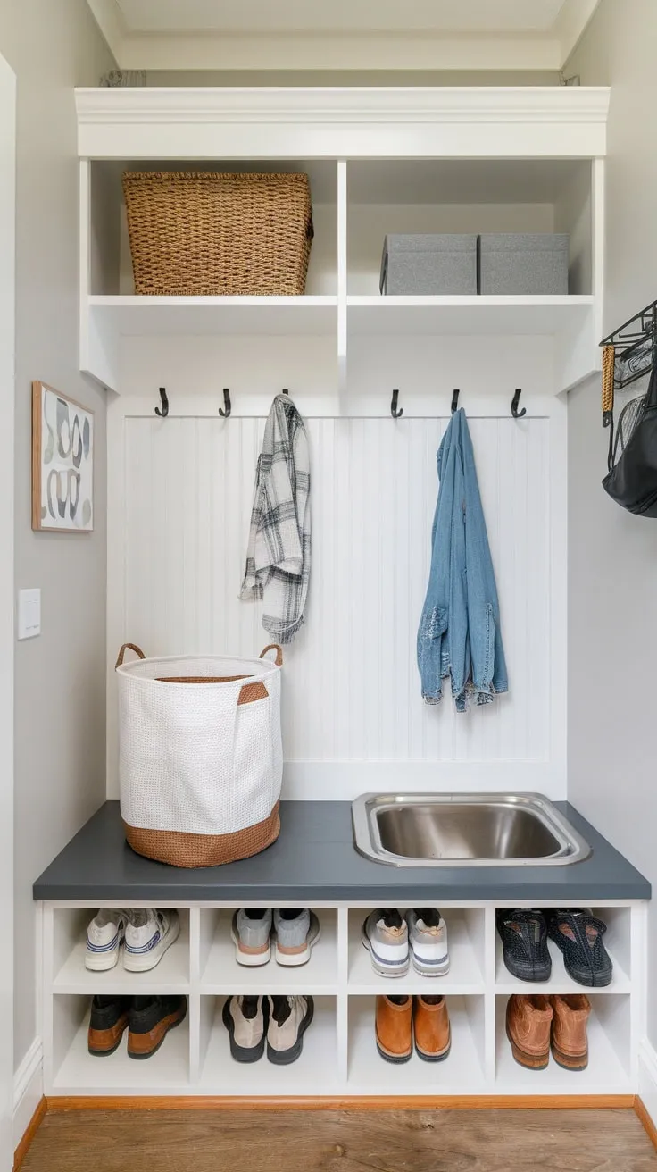 This mudroom's clever design combines pet care with practical organization in a stylish, wood-floored space.