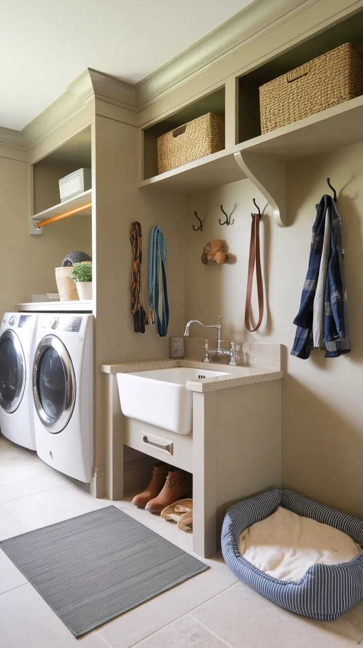 A beige-walled mudroom cleverly combines laundry functionality with a complete dog-washing and lounging area, featuring dedicated storage for supplies and leashes.