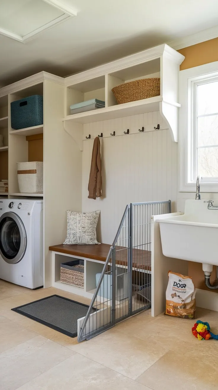 This mudroom-laundry-dog room boasts a convenient dog wash, ample storage, and a cheerful design perfect for both pet and owner.