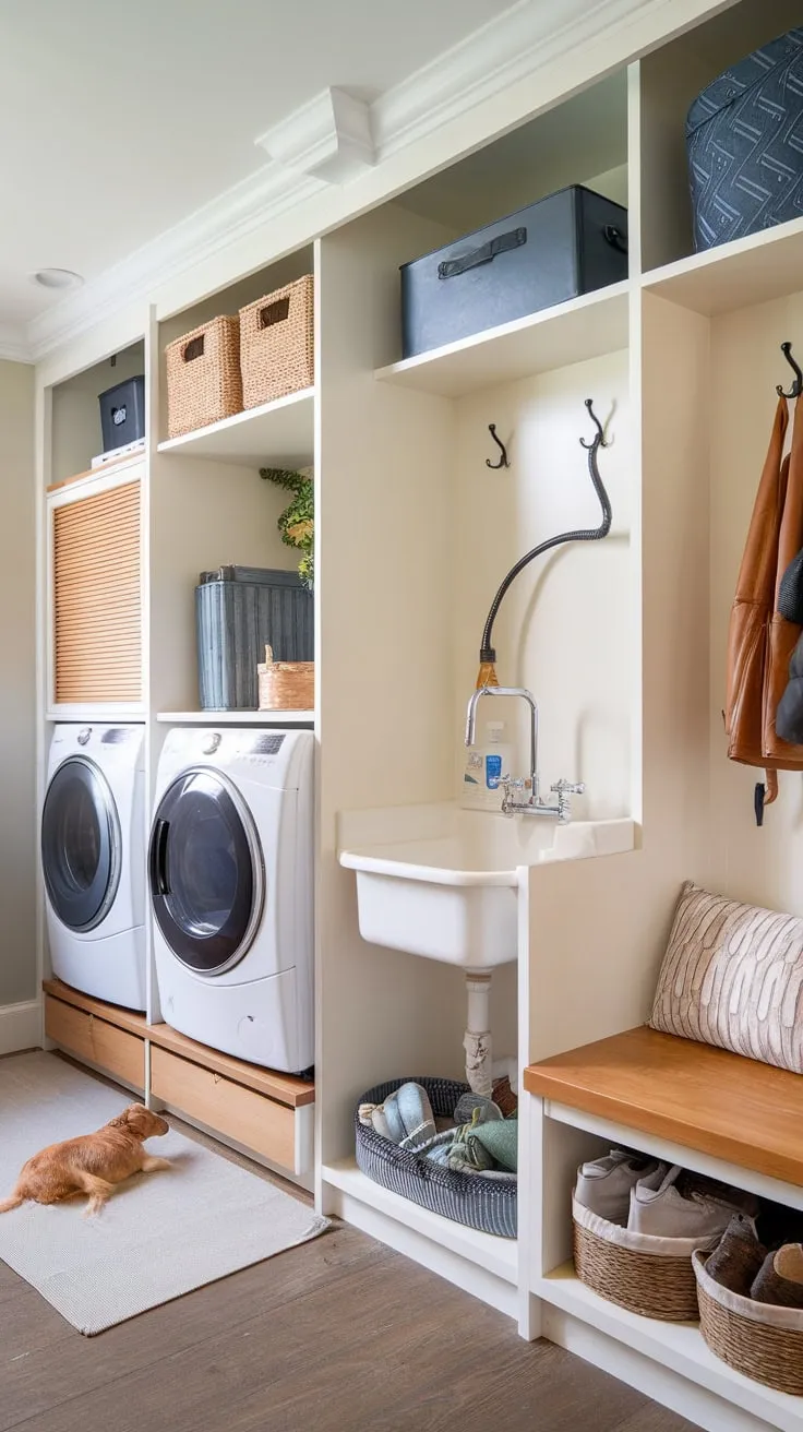 A versatile mudroom seamlessly integrates a dog washing station, laundry facilities, and ample storage in a stylish wood-floored space