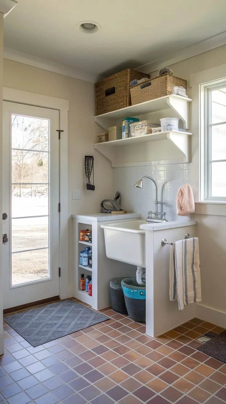 A dedicated dog room combines mudroom and laundry convenience with a dog washing station, tiled floor, and exterior access for ultimate pet pampering