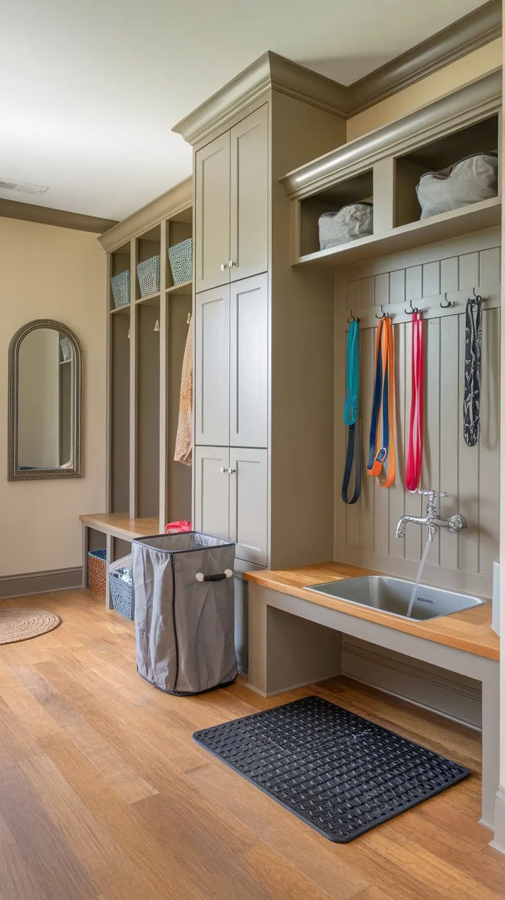 A practical mudroom seamlessly integrates a dog washing station, storage, and pet supplies for ultimate convenience