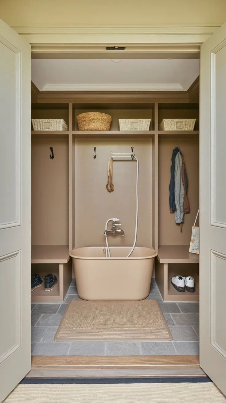This calming beige mudroom features a convenient dog-washing station, offering both practicality and stylish organization.