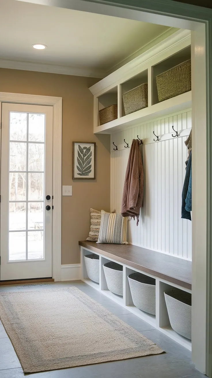 Step into organized bliss! This small mudroom remodel maximizes space with clever storage solutions, transforming a simple entry mudroom into a functional utility boot room.  Perfect small mudroom ideas for maximizing your mud laundry room and achieving the ultimate boot room ideas.