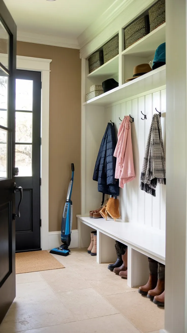 Maximize space and style in this compact mudroom entry, showcasing clever boot room ideas for a functional yet charming utility boot room.  Small mudroom ideas like this maximize storage with a simple shelf and coat hooks, perfect for a mud laundry room or entry mudroom remodel.