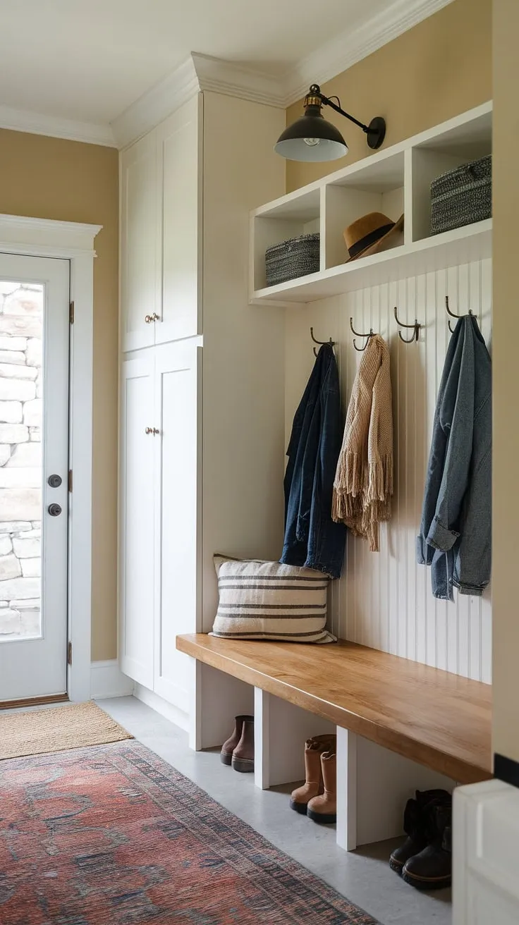 Step into this charming entry mudroom, a perfect blend of practicality and style.  Small mudroom ideas shine in this space, maximizing functionality with a wooden bench, ample coat hooks, and a touch of warmth from the overhead lamp.  Boot room ideas are effortlessly incorporated, making this utility boot room a dream for shedding wet outerwear.  This mudroom remodel proves that even a small mudroom can be both efficient and inviting, showcasing clever utility room designs.  A mud laundry room combination could easily be achieved here.
